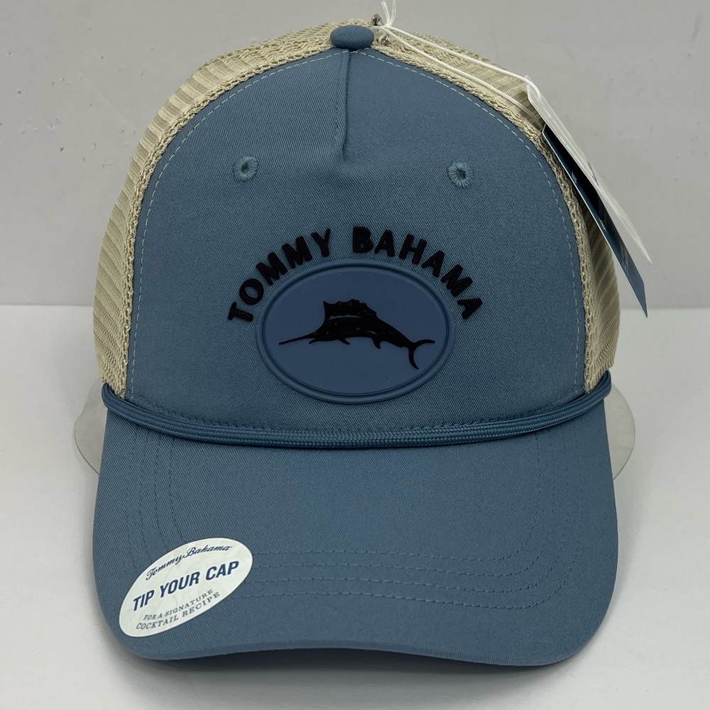 TOMMY BAHAMA CAP/HAT, 3D MARLON FISH & TOMMY LOGO IN RUBBER, BLUE WITH TAN MESH